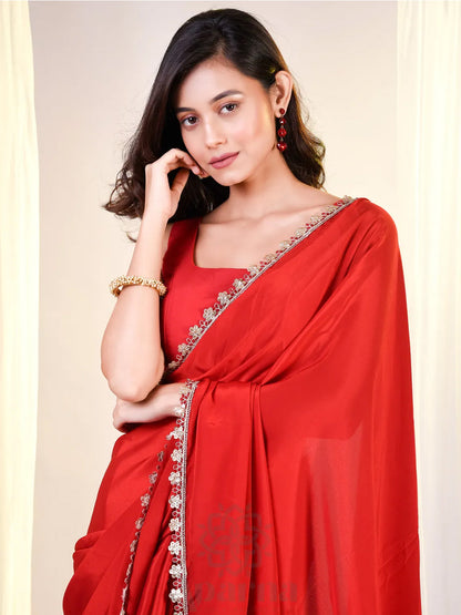 Cherry Red Cotton Based Satin Saree With Golden Lace
