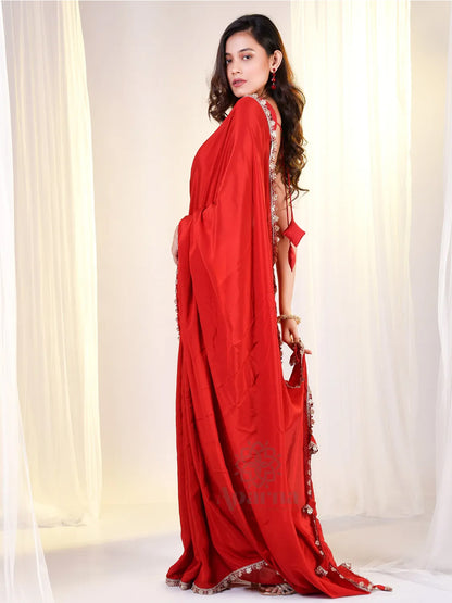 Cherry Red Cotton Based Satin Saree With Golden Lace