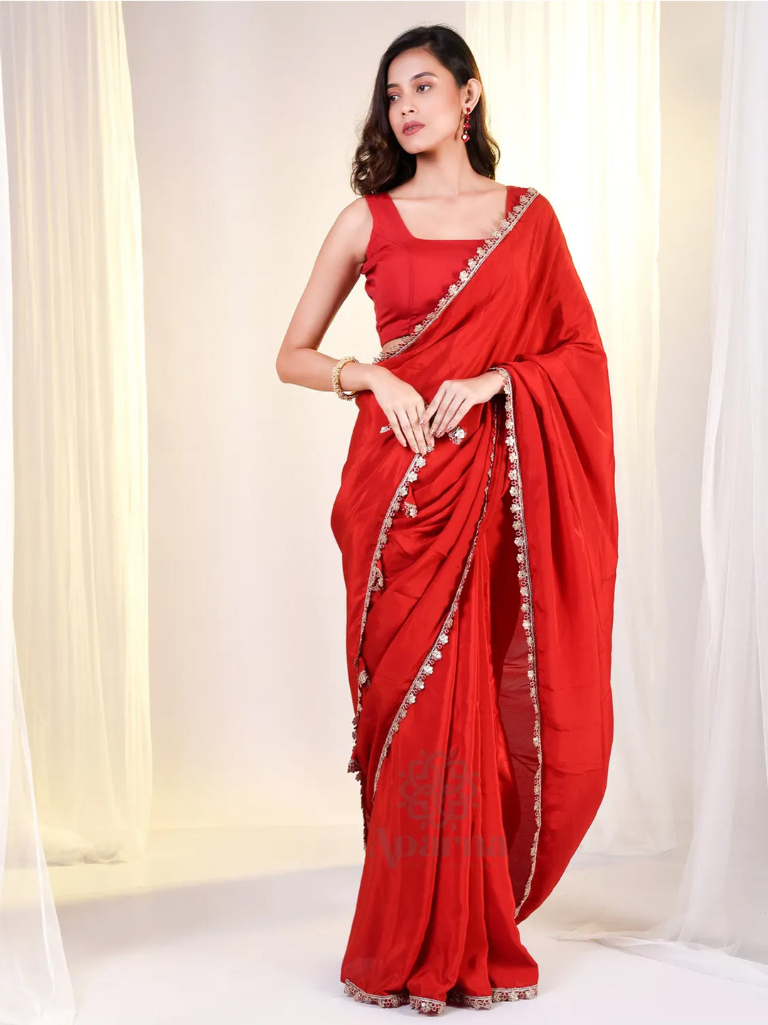 Cherry Red Cotton Based Satin Saree With Golden Lace