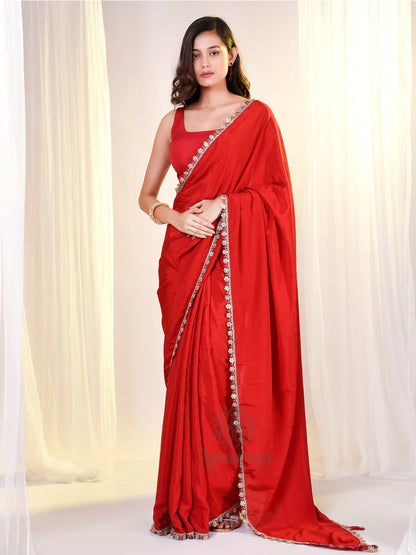 Cherry Red Cotton Based Satin Saree With Golden Lace