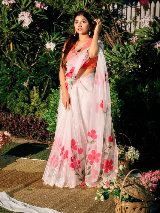 Aparna White Organza Saree With Red Floral Prints For Women