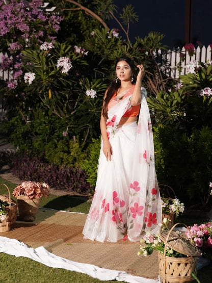 Aparna White Organza Saree With Red Floral Prints For Women