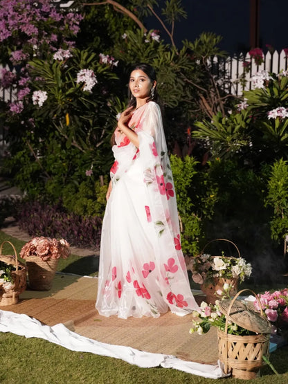Aparna White Organza Saree With Red Floral Prints For Women