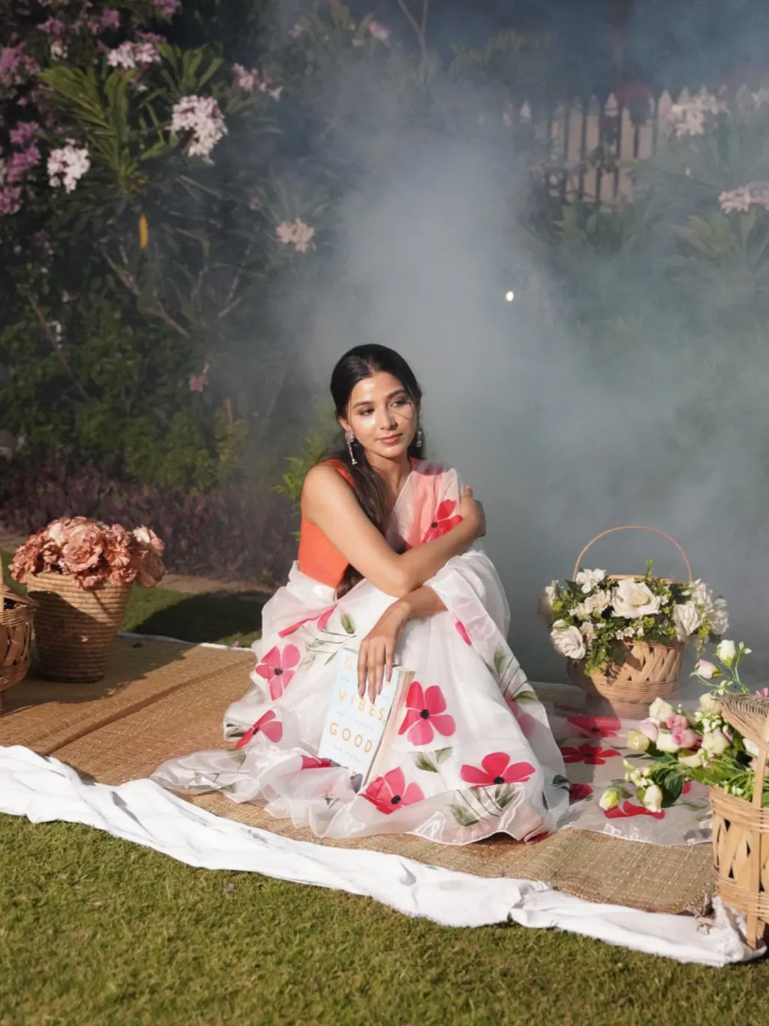 Aparna White Organza Saree With Red Floral Prints For Women