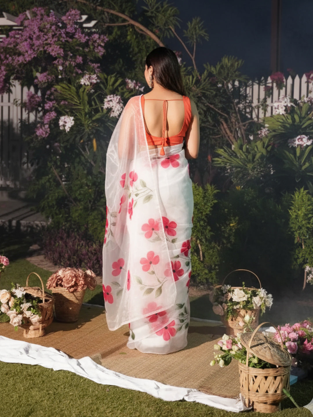 Aparna White Organza Saree With Red Floral Prints For Women