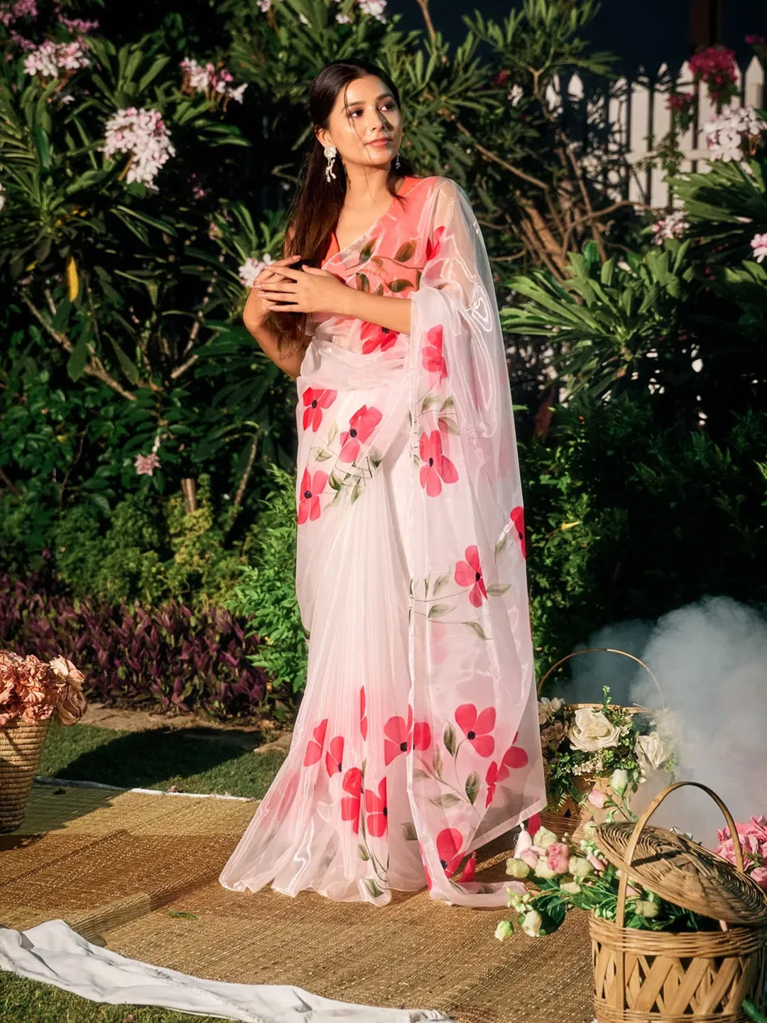 Aparna White Organza Saree With Red Floral Prints For Women