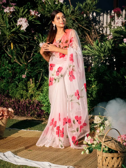 Aparna White Organza Saree With Red Floral Prints For Women