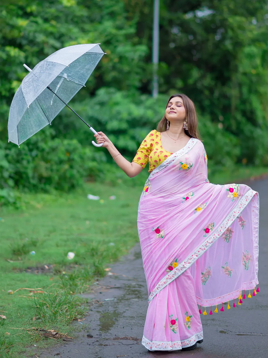 Aparna Floral Work Pink Premium Mul Cotton Saree For Women