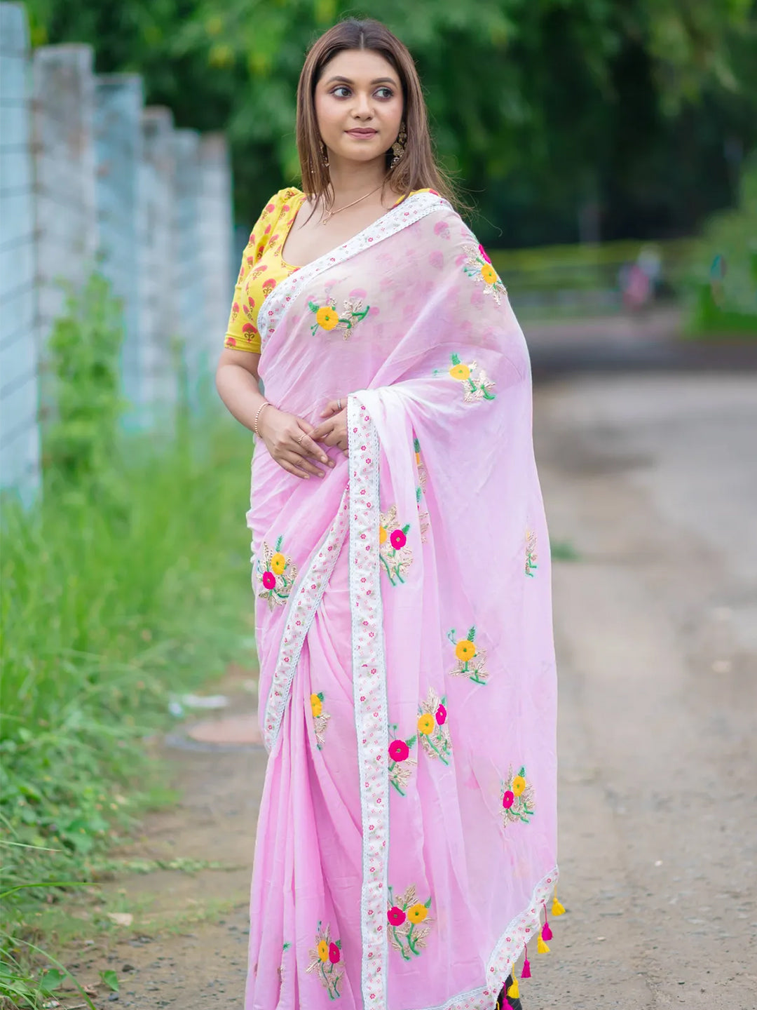 Aparna Floral Work Pink Premium Mul Cotton Saree For Women