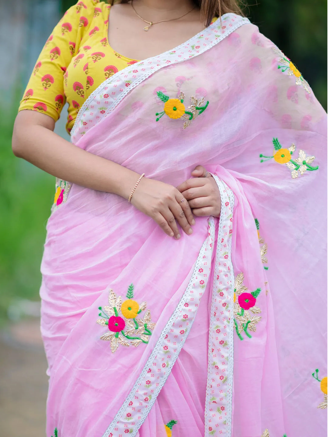 Aparna Floral Work Pink Premium Mul Cotton Saree For Women