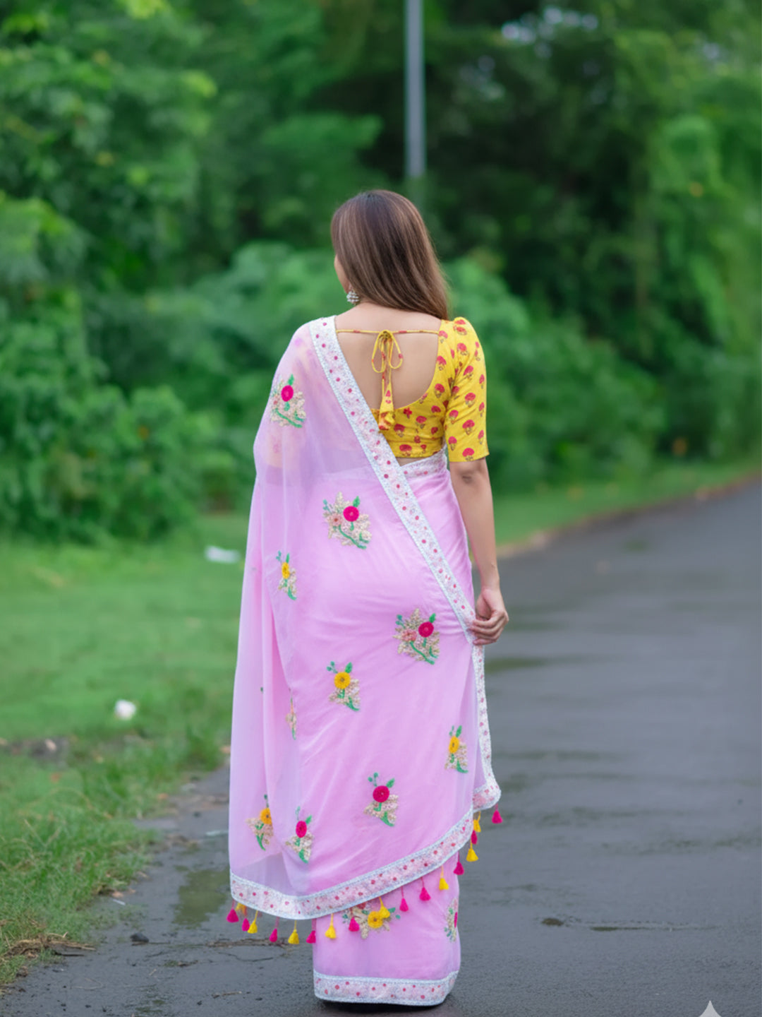 Aparna Floral Work Pink Premium Mul Cotton Saree For Women