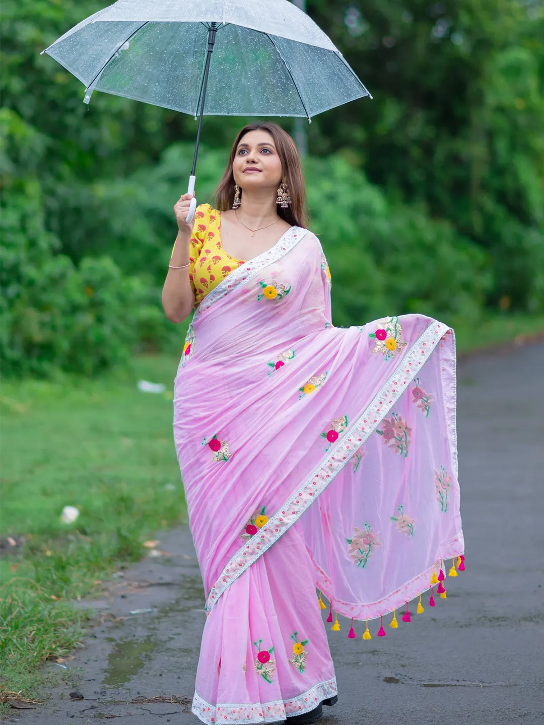 Aparna Floral Work Pink Premium Mul Cotton Saree For Women
