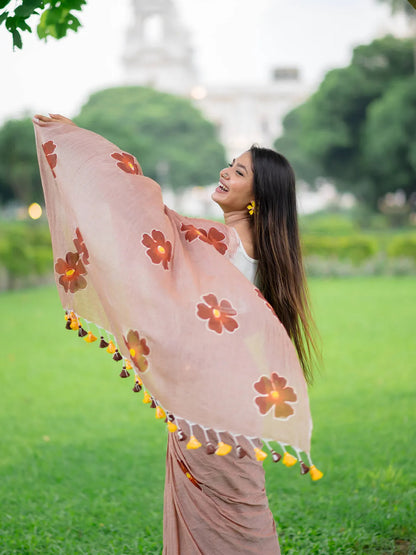 Aparna Peach Premium Hand Printed Mul Cotton Saree