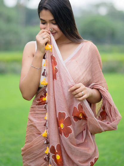 Aparna Peach Premium Hand Printed Mul Cotton Saree