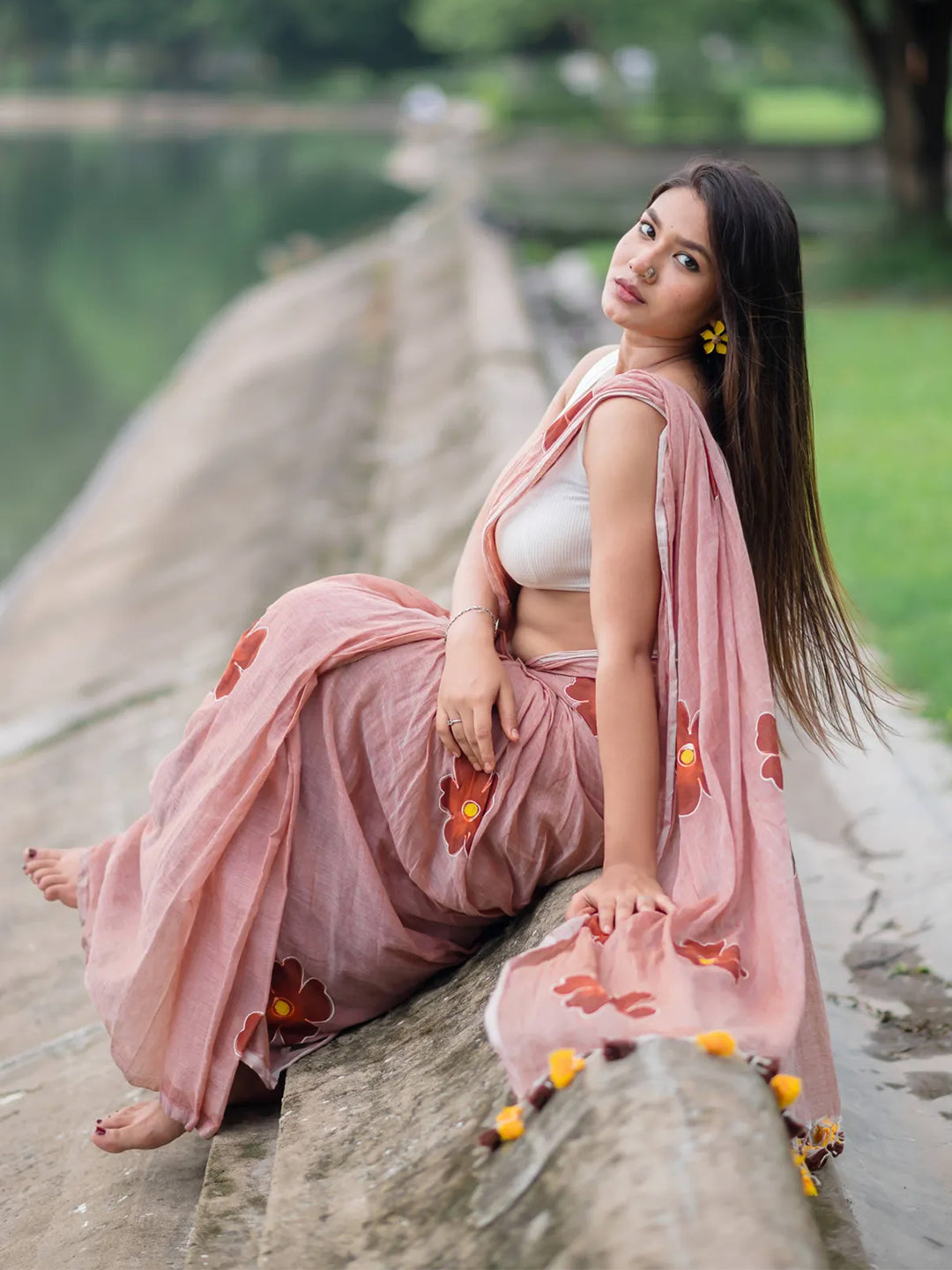 Aparna Peach Premium Hand Printed Mul Cotton Saree
