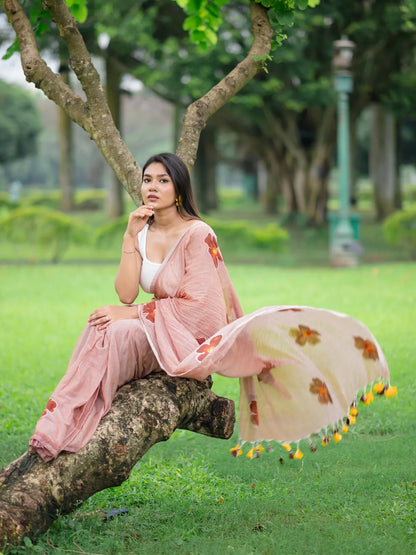 Aparna Peach Premium Hand Printed Mul Cotton Saree