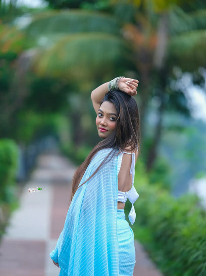 Light Blue With A Striped Design Mul Cotton Saree For Women