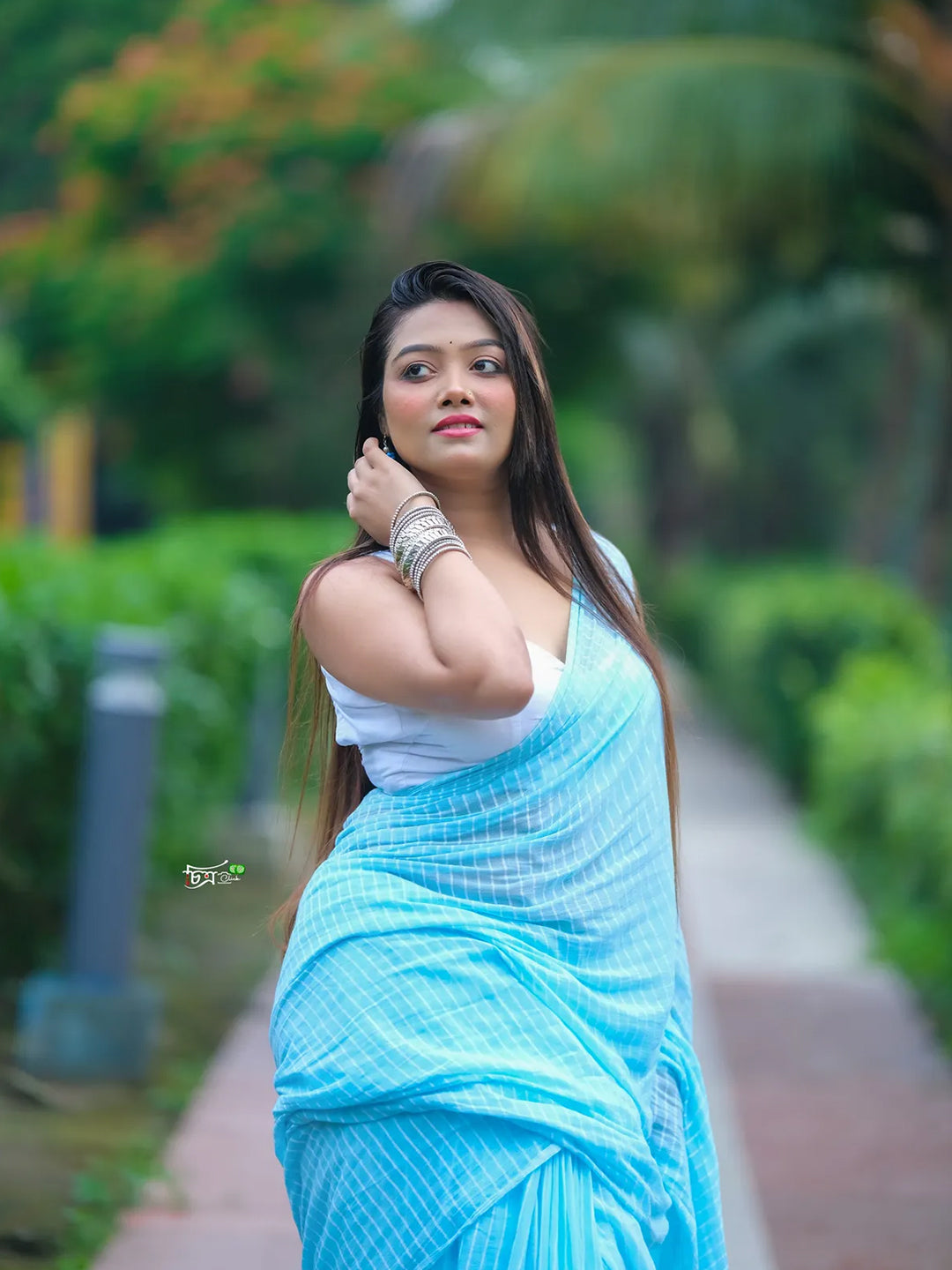 Light Blue With A Striped Design Mul Cotton Saree For Women