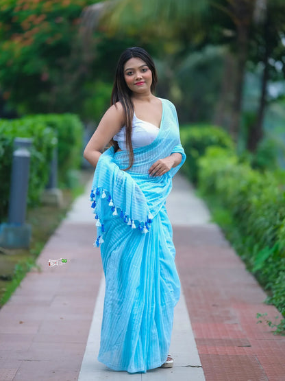 Light Blue With A Striped Design Mul Cotton Saree For Women