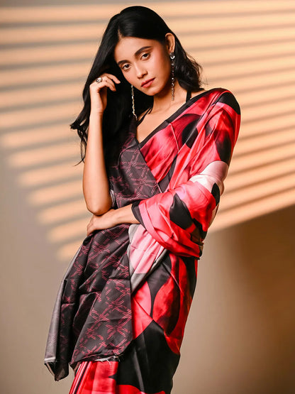 Black & Red Floral Print Satin Saree For Women