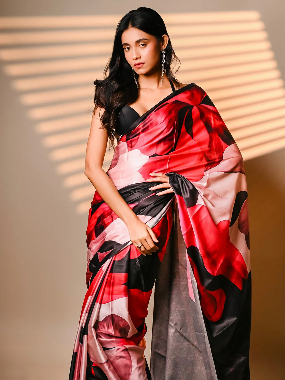 Black & Red Floral Print Satin Saree For Women
