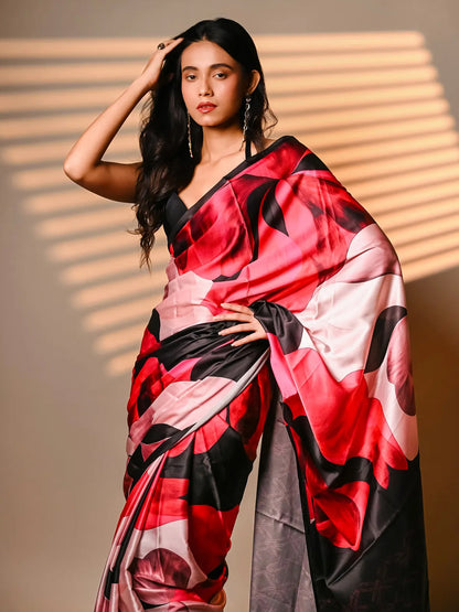 Black & Red Floral Print Satin Saree For Women