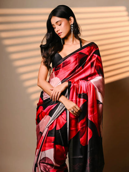 Black & Red Floral Print Satin Saree For Women