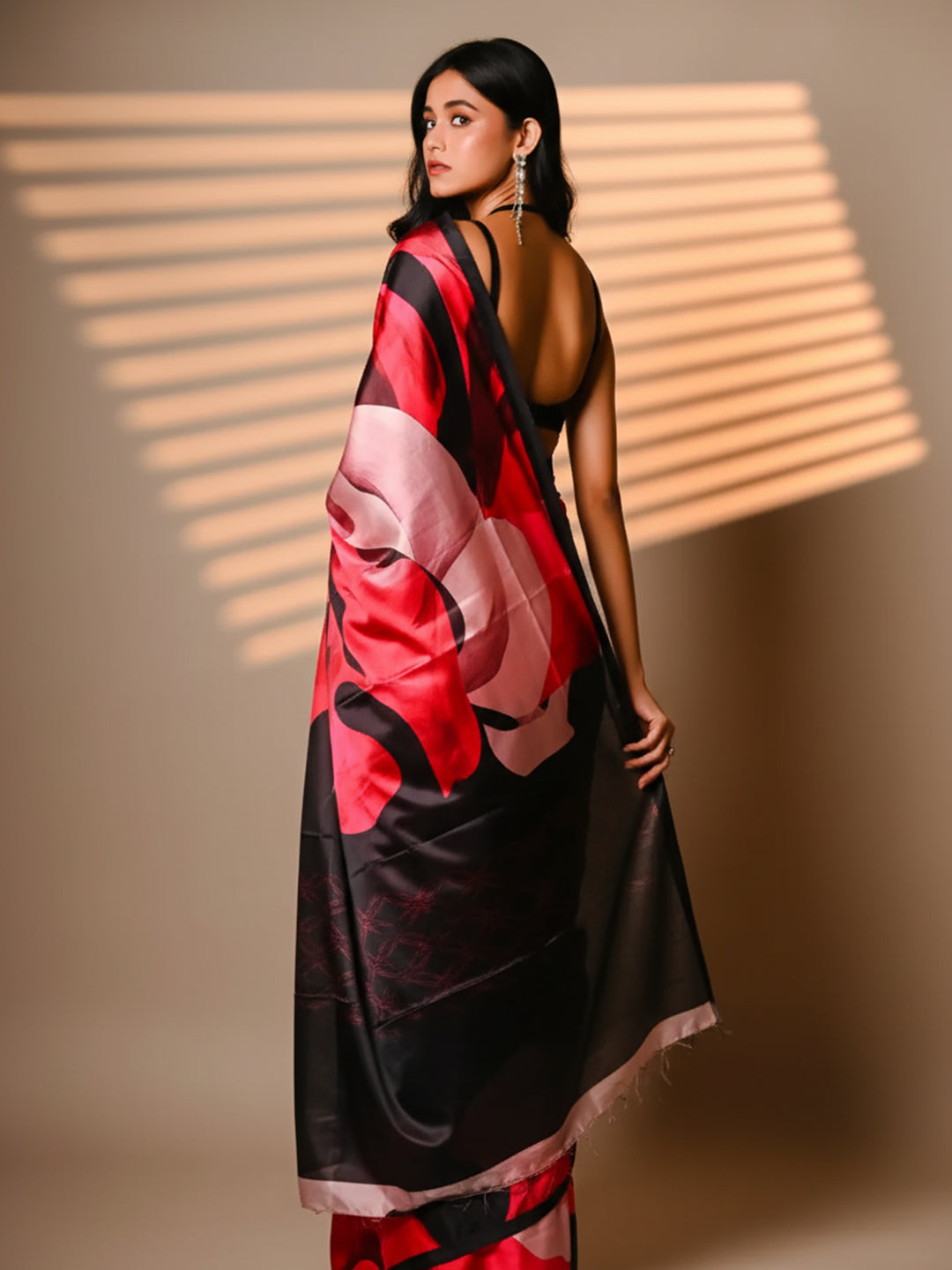 Black & Red Floral Print Satin Saree For Women