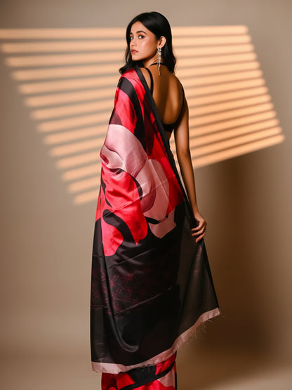 Black & Red Floral Print Satin Saree For Women