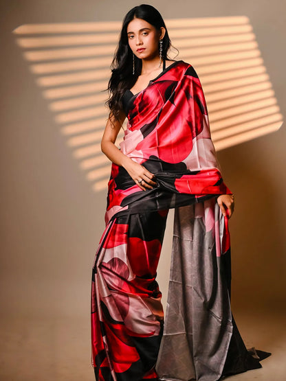 Black & Red Floral Print Satin Saree For Women