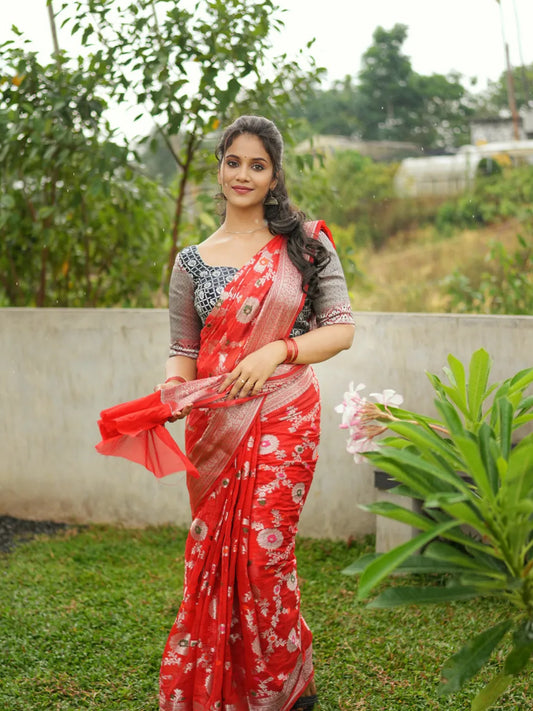 Aparna Red Colour Banarasi Tissue Silk Saree For Women