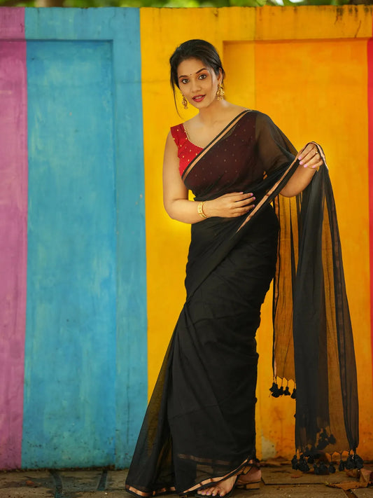 Black Premium Mul Cotton Saree With Golden Border For Women