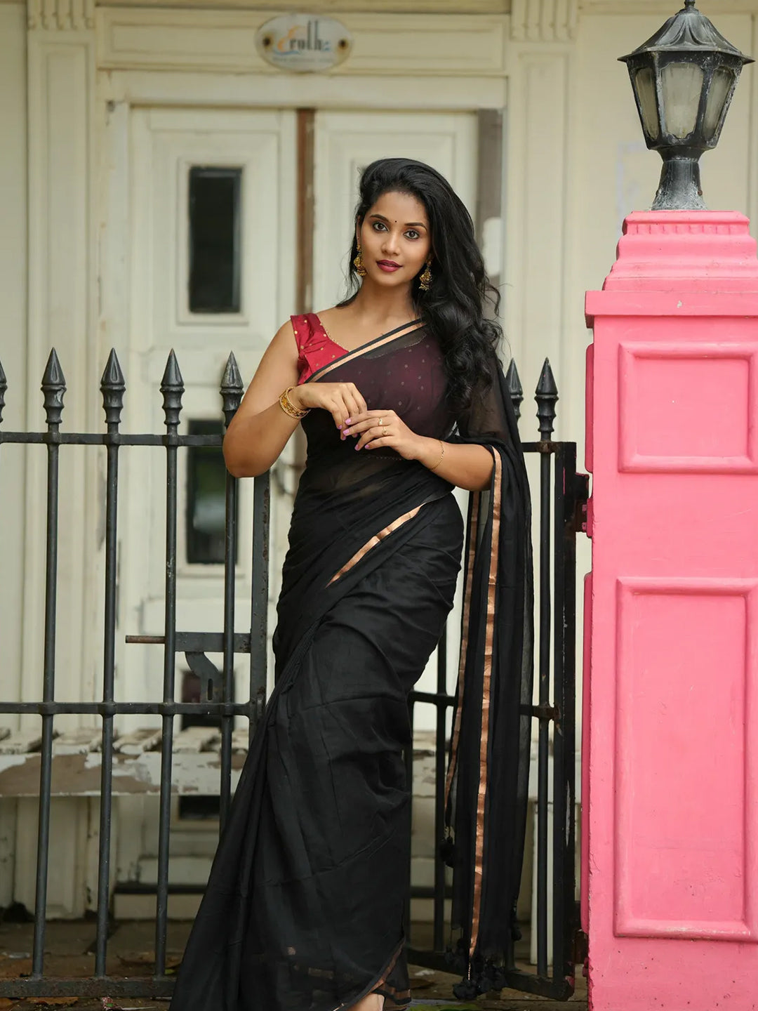 Black Premium Mul Cotton Saree With Golden Border For Women