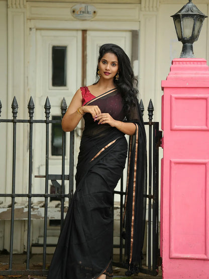 Black Premium Mul Cotton Saree With Golden Border For Women