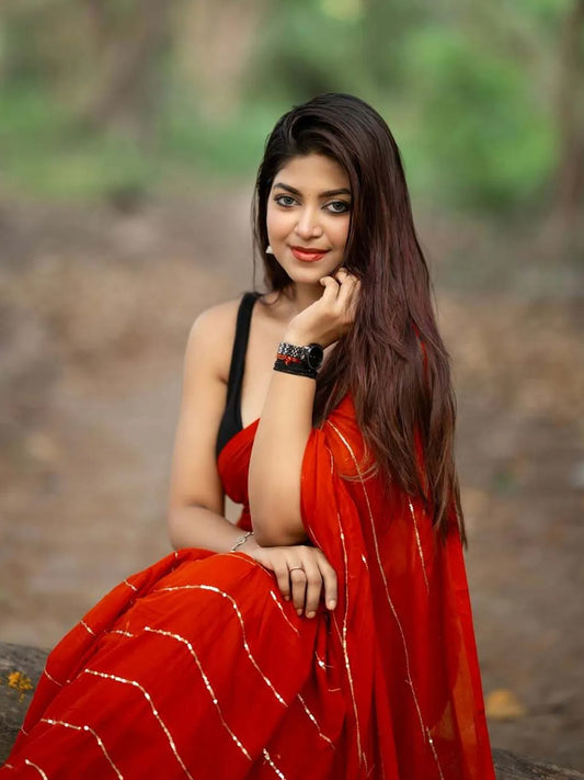 Aparna Cherry Red Premium Mul Cotton Saree With Golden Stripe Mul Cotton Saree