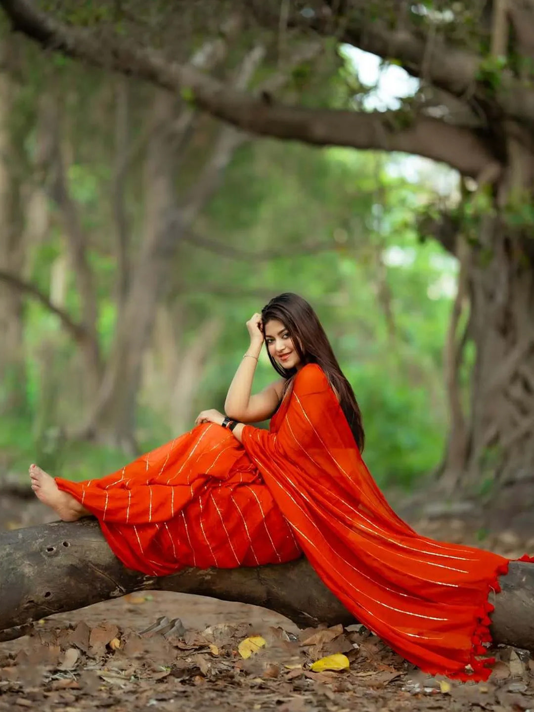 Aparna Cherry Red Premium Mul Cotton Saree With Golden Stripe Mul Cotton Saree