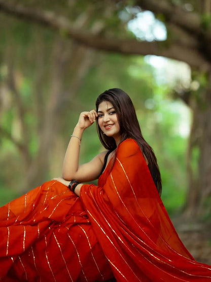Aparna Cherry Red Premium Mul Cotton Saree With Golden Stripe Mul Cotton Saree