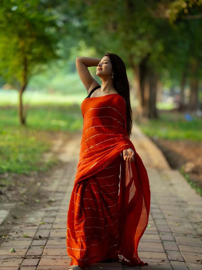 Aparna Cherry Red Premium Mul Cotton Saree With Golden Stripe Mul Cotton Saree
