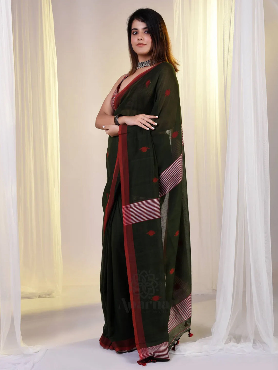 Bhuj Cotton Handloom Saree With Dark Green Body And Red Dots
