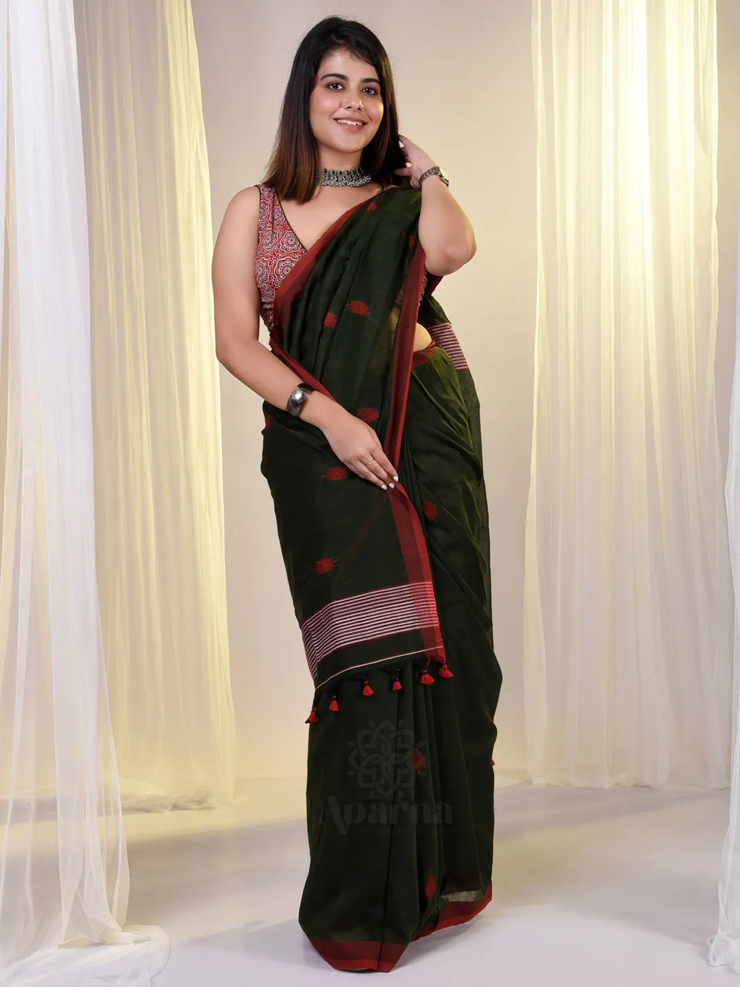 Bhuj Cotton Handloom Saree With Dark Green Body And Red Dots