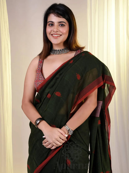 Bhuj Cotton Handloom Saree With Dark Green Body And Red Dots