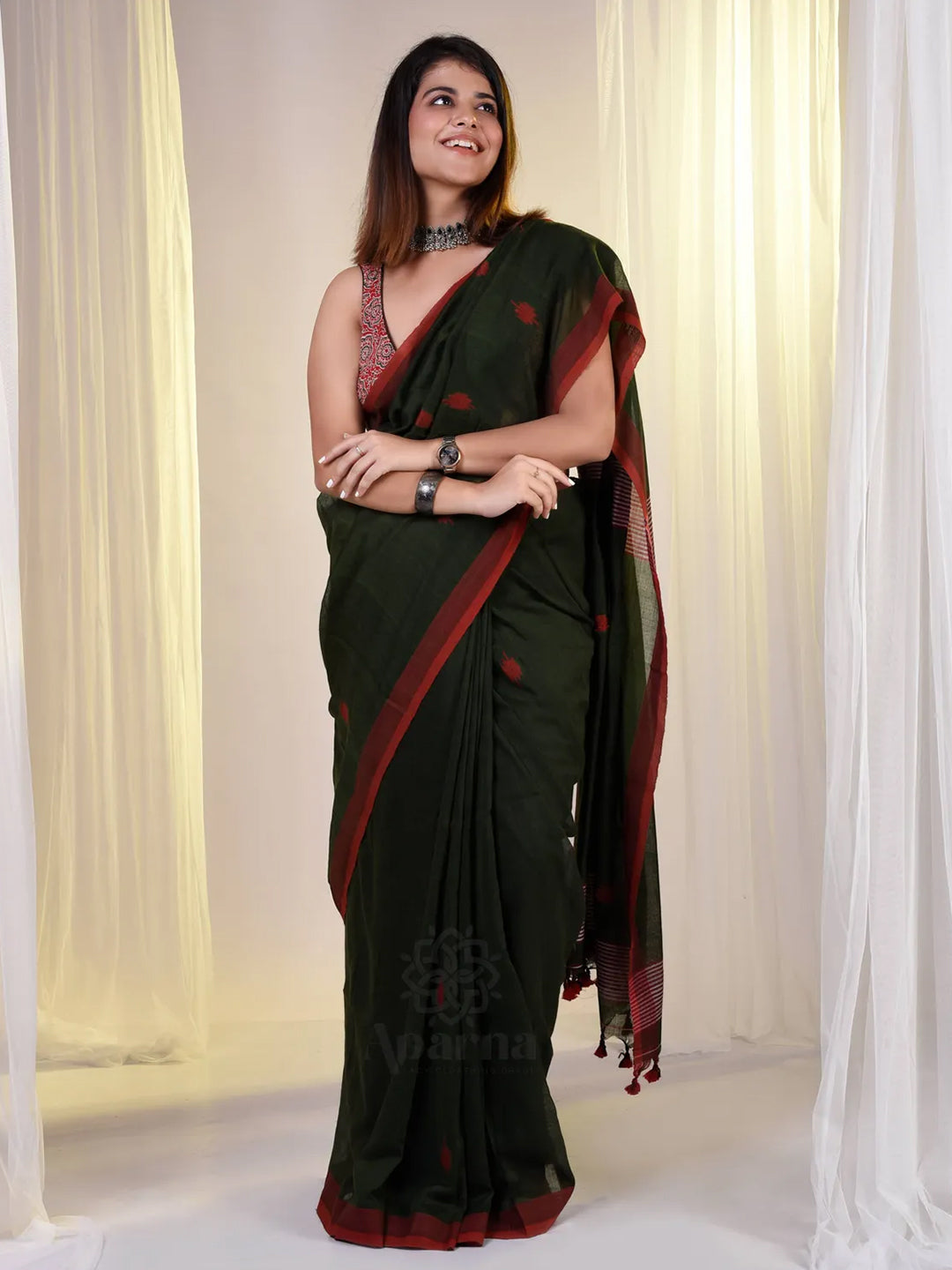 Bhuj Cotton Handloom Saree With Dark Green Body And Red Dots