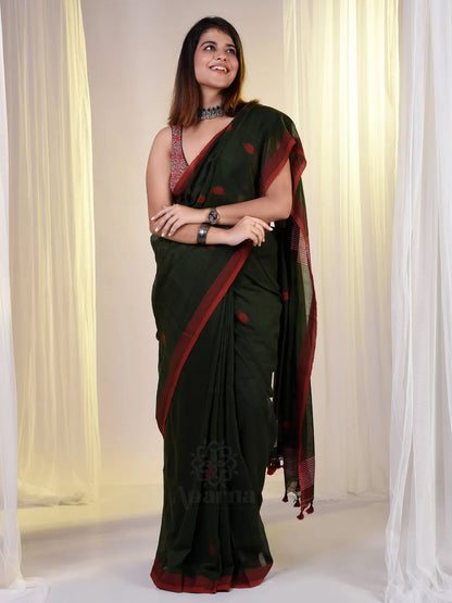 Bhuj Cotton Handloom Saree With Dark Green Body And Red Dots