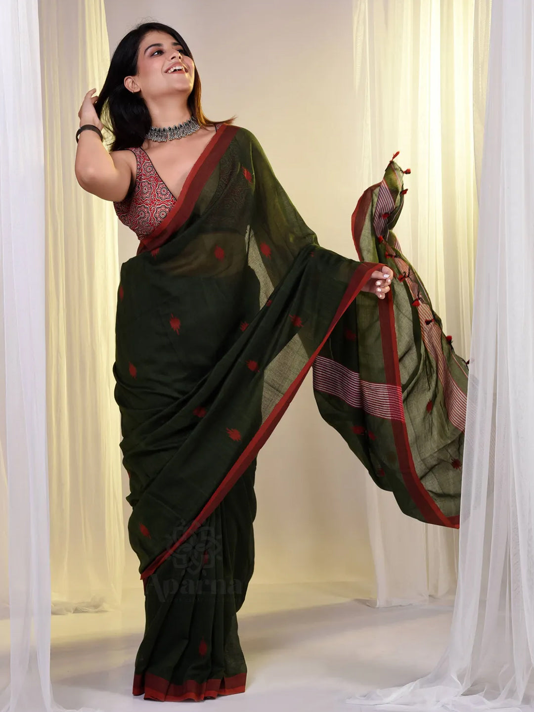 Bhuj Cotton Handloom Saree With Dark Green Body And Red Dots