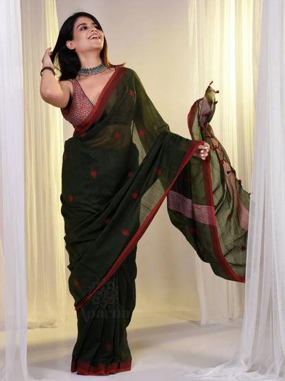 Bhuj Cotton Handloom Saree With Dark Green Body And Red Dots