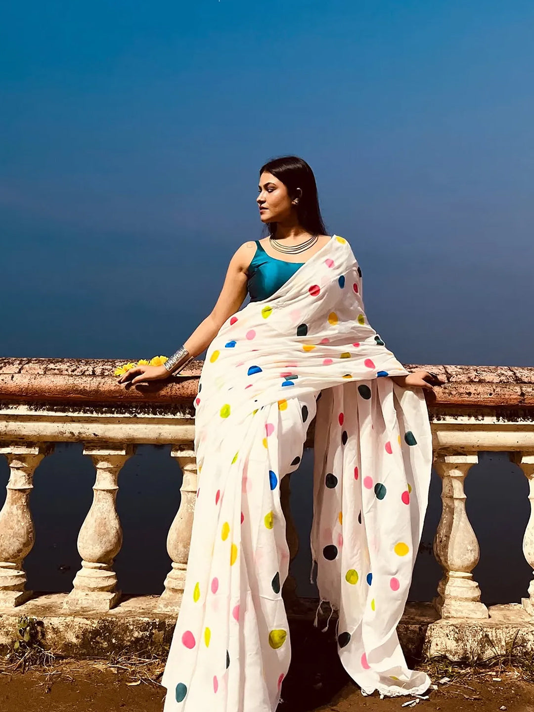 Aparna Multicolor Ball Print White Mul Cotton Saree For Women