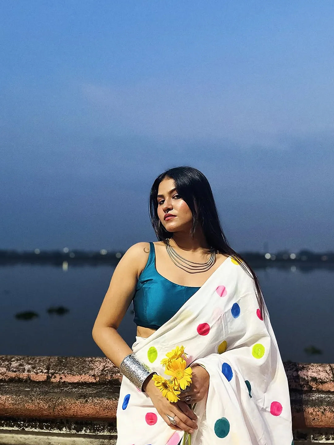 Aparna Multicolor Ball Print White Mul Cotton Saree For Women