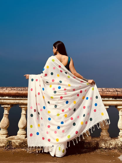 Aparna Multicolor Ball Print White Mul Cotton Saree For Women