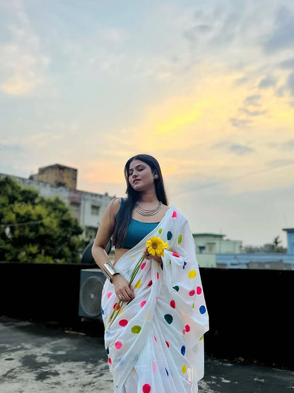 Aparna Multicolor Ball Print White Mul Cotton Saree For Women