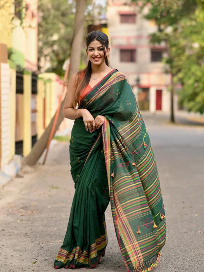 Aparna Handloom Bottle Green Premium Cotton Saree For Women